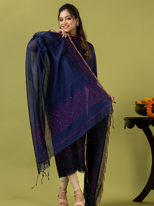 Handwoven Jamdani cotton Unstitched 2-piece Kurti | Deep Navy Blue