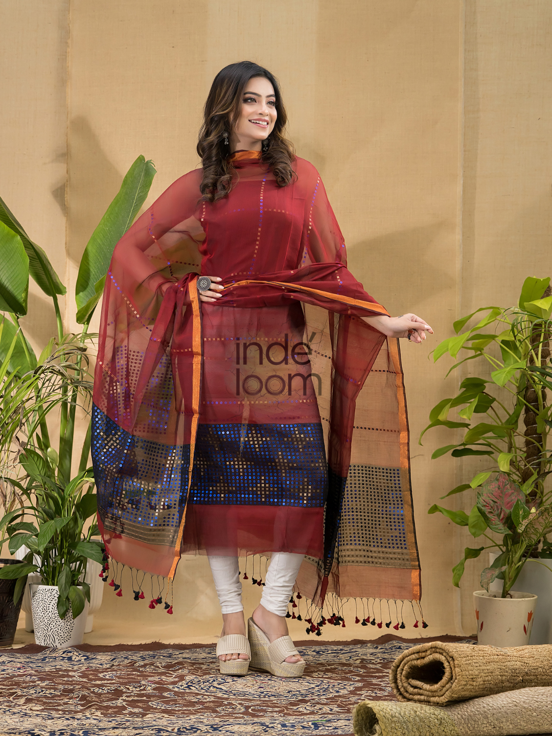 Wine Red Sequin Jamdani 2-Piece Set Kurti & Dupatta (UNSTITCHED) -722