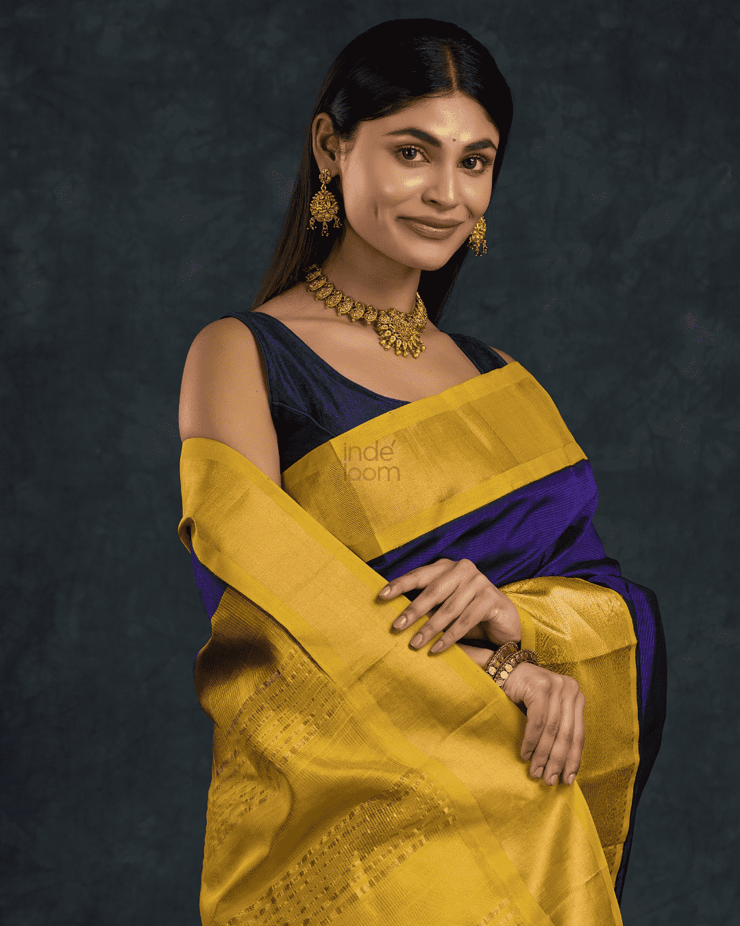 Pure Handloom Korvai Saree | Navy Blue and Golden Yellow