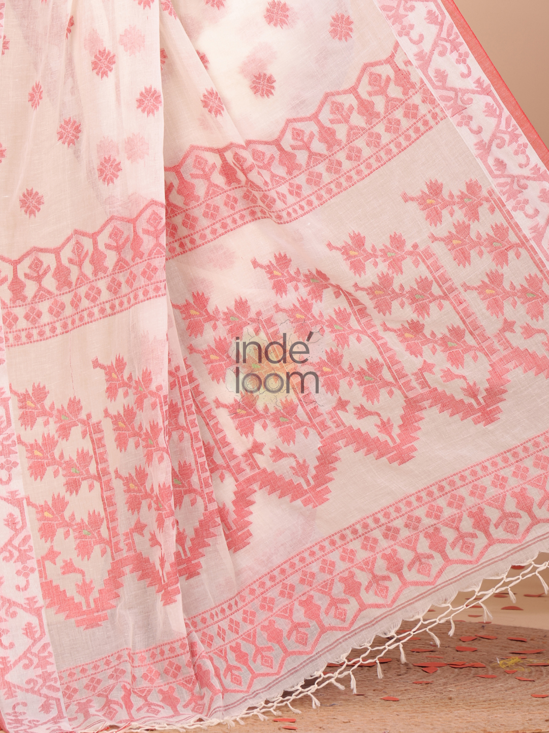 Lal Par Cotton Saree With Cream White - 128