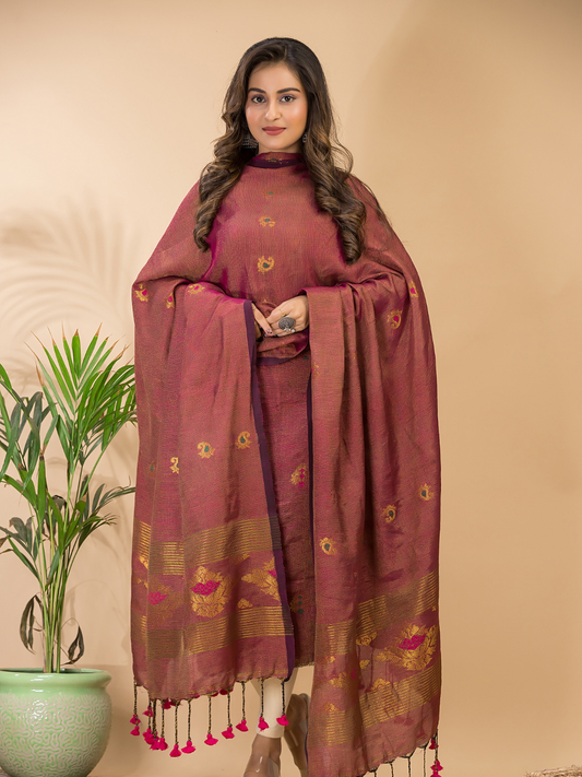 Red Brown Tissue Linen 2-Piece Set Kurti & Dupatta (UNSTITCHED) - 115