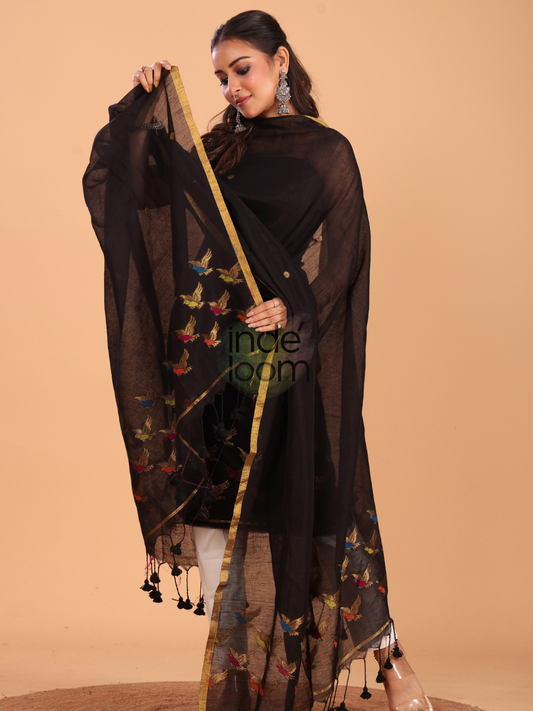 True Black Cotton Linen Jamdani 2-Piece Set Kurti & Dupatta (UNSTITCHED) - 061