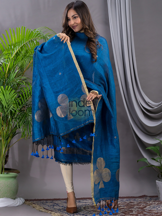 Classic Blue Cotton Linen  2-Piece Set Kurti & Dupatta (UNSTITCHED) - 120