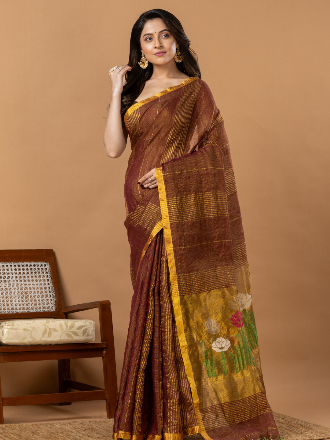 Handwoven Jamdani Silk Tissue Linen Saree | Copper Brown