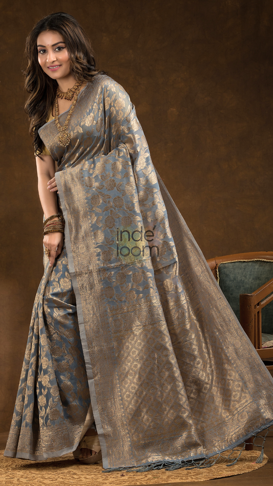 Floral woven design Silk blend Jacquard Saree | Steel Grey