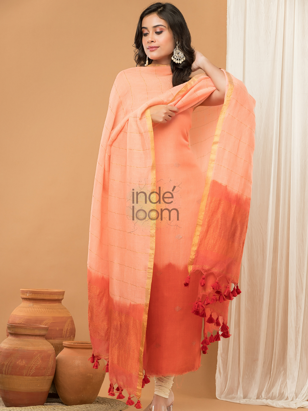 Coral Orange Jamdani 2-Piece Set Kurti & Dupatta (UNSTITCHED) - 140