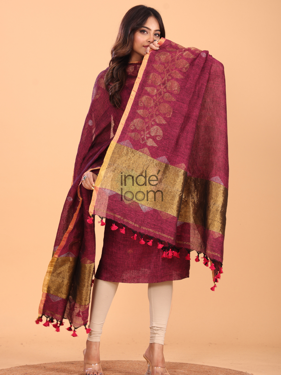 Maroon Linen Jamdani 2-Piece Set Kurti & Dupatta (UNSTITCHED) - 068