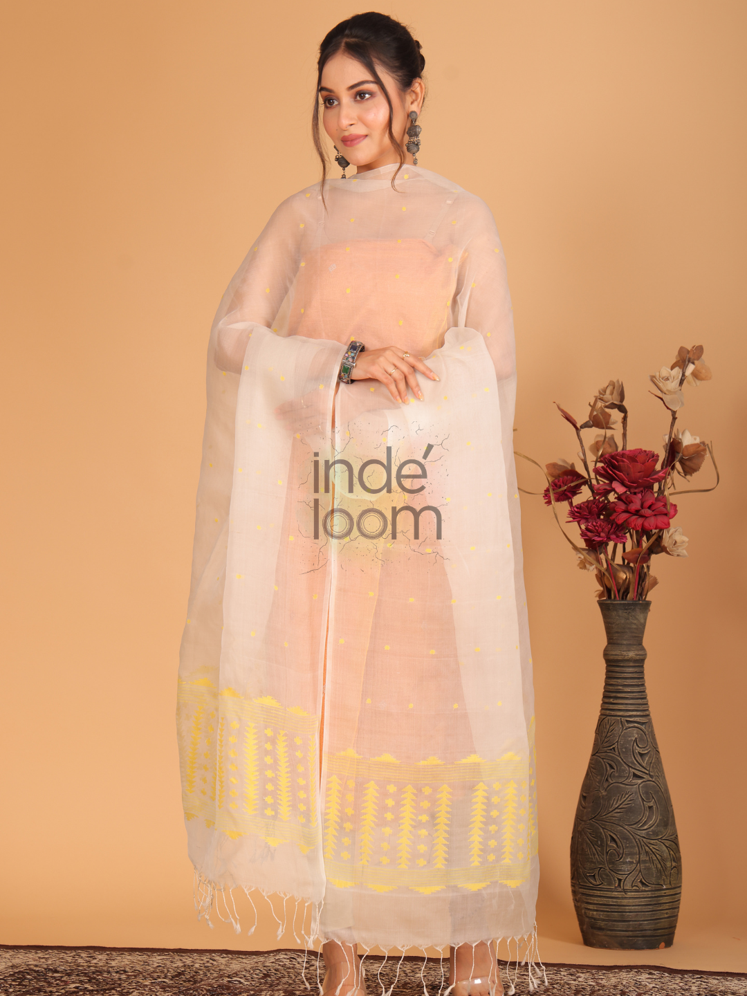 Pure Handloom Muslin Jamdani Dupatta With Off White - 004