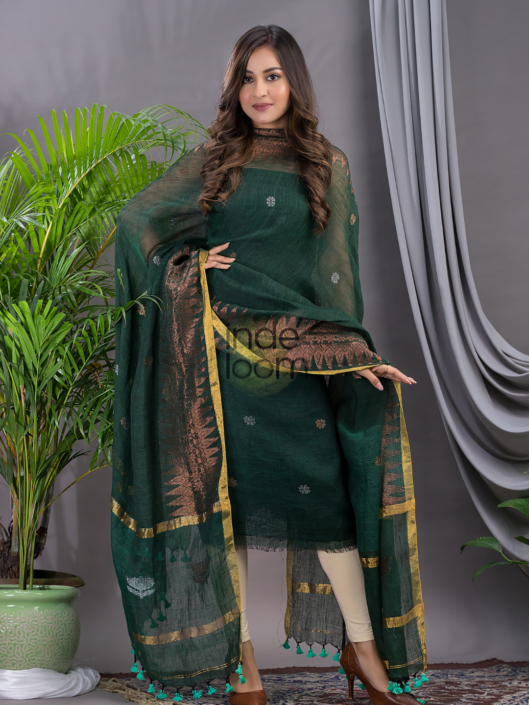 Pine Green Linen X Linen 2-Piece Set Kurti & Dupatta (UNSTITCHED) - 102