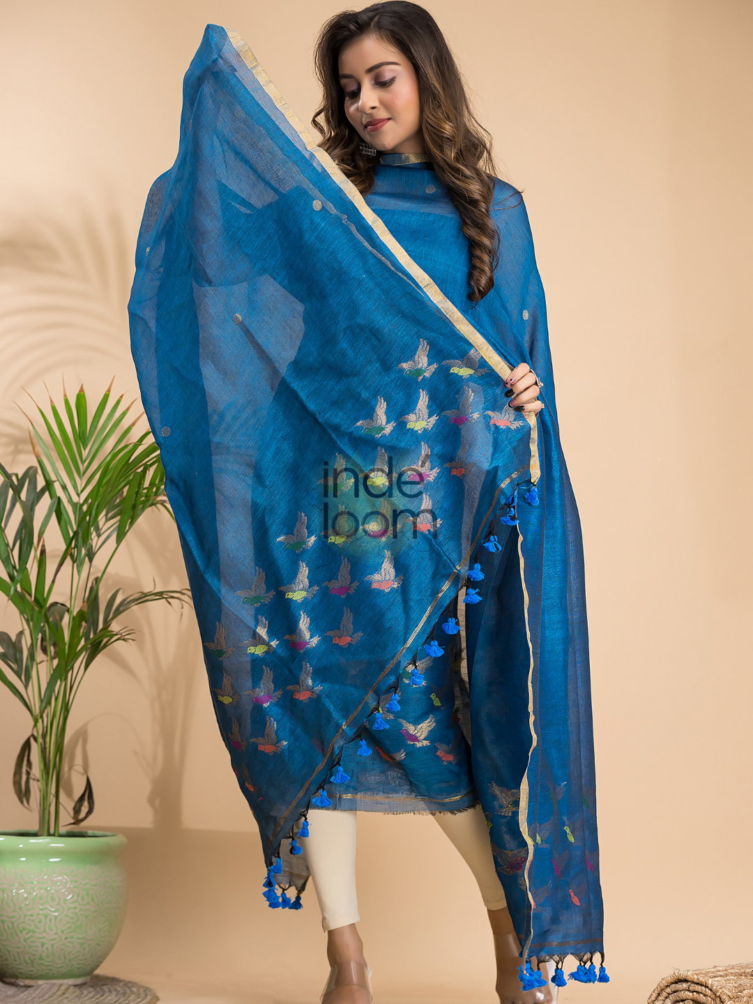 Indigo Blue Cotton Linen 2-Piece Set Kurti & Dupatta (UNSTITCHED) - 002