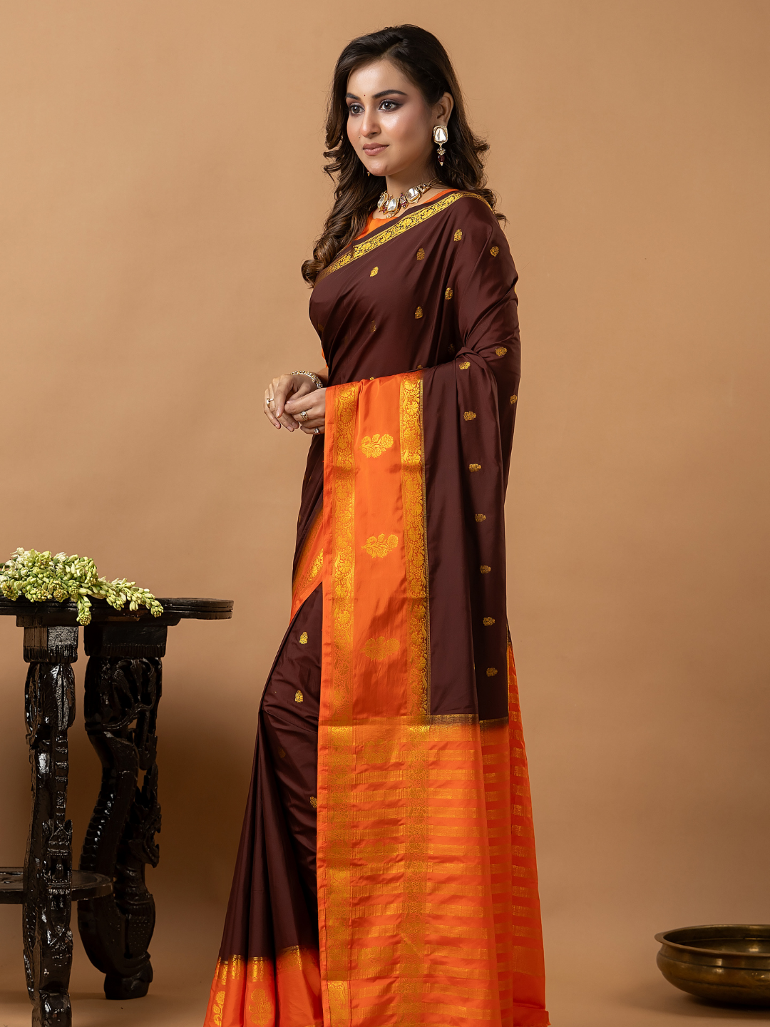 Classic Mysore Semi Silk Saree | Chocolate Brown