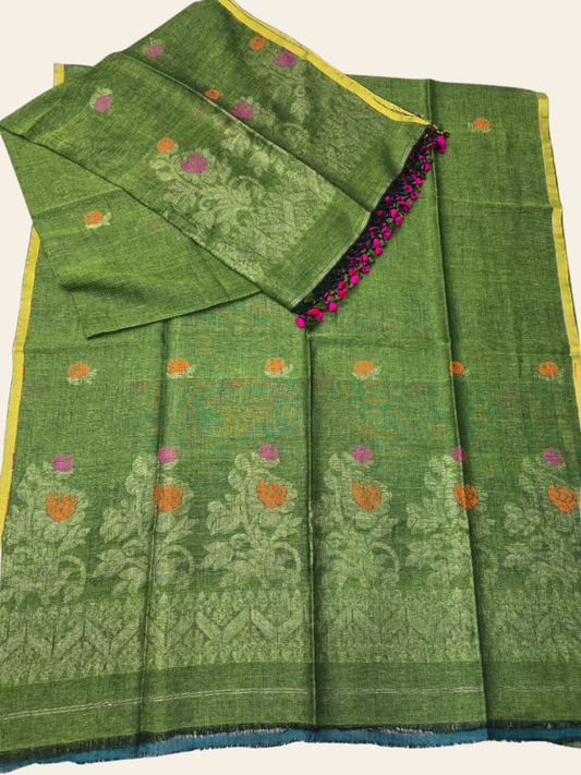Pure Handloom Linen Unstitched 2-piece  Kurti | Lime Green