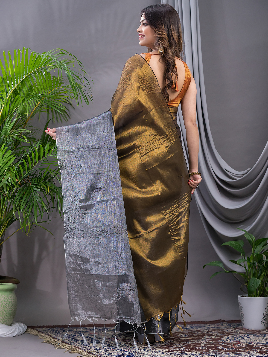 Tissue Silk Saree With Olive Green - 009