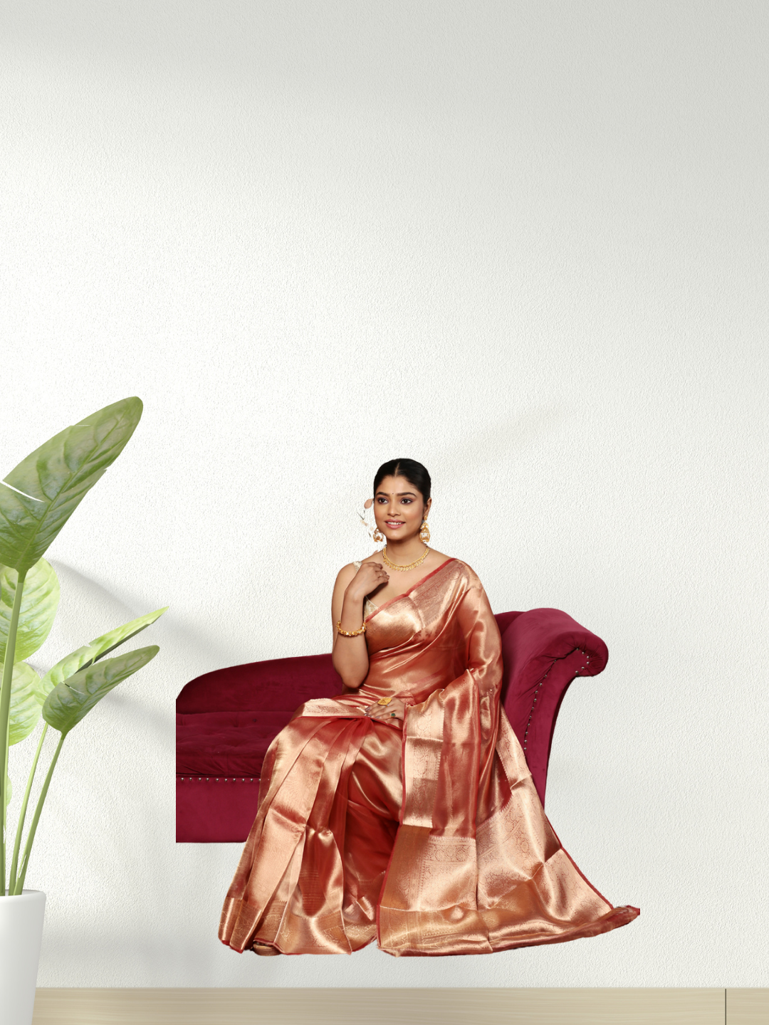 Tissue Silk Saree In Shaded Golden Pink - 005