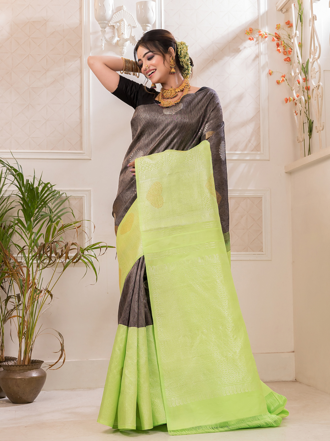 Tamasa  -  Smoky black silk with antique gold zari pallu