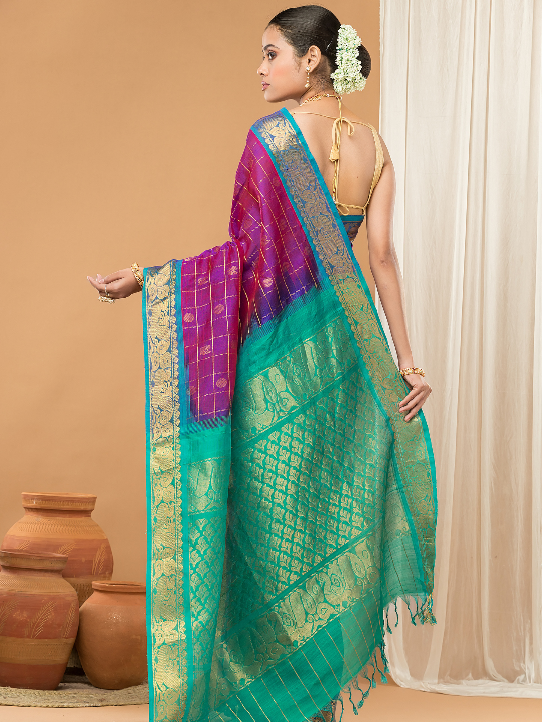 Pure Handloom Korvai Saree | Orchid Purple Cyan Blue