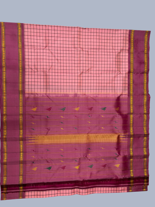 Pure Handwoven Gadwal Silk Saree in Rose Pink - 007