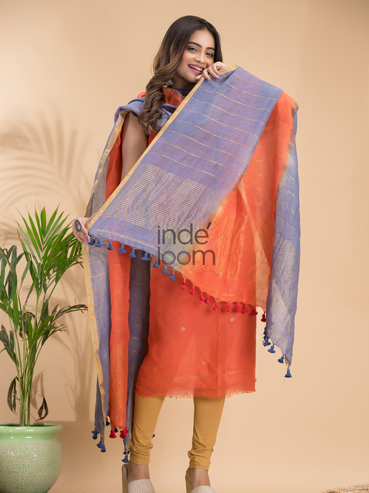 Neon Orange Handloom Linen X Linen 2-Piece Set Kurti & Dupatta (UNSTITCHED) - 859