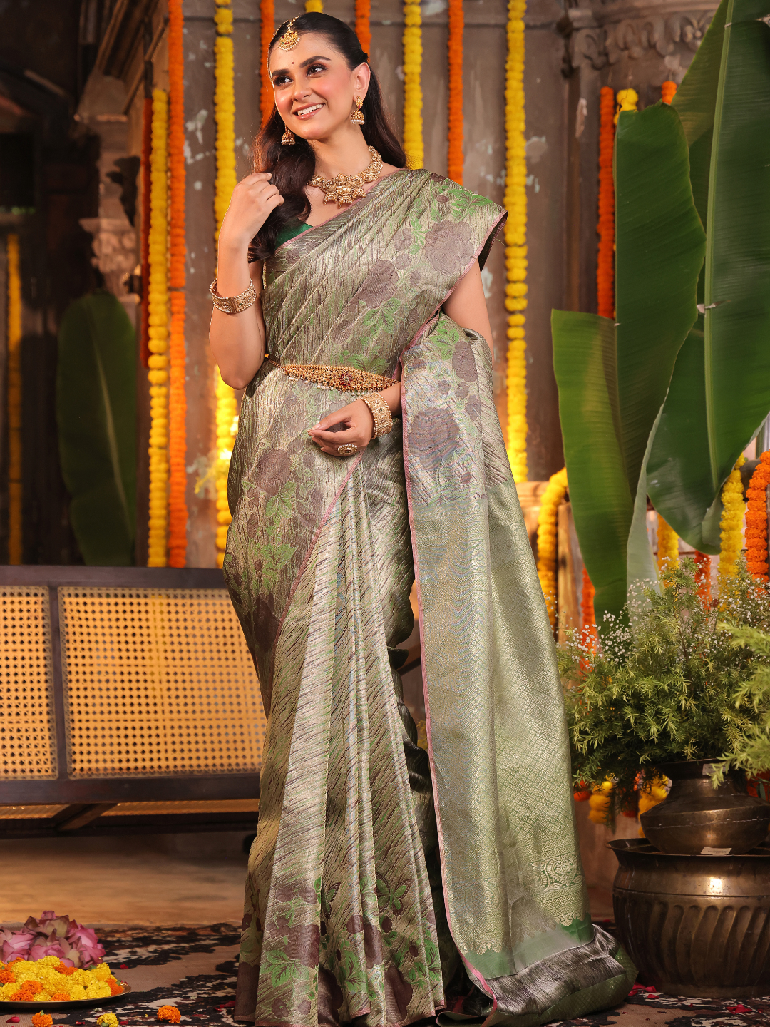 Silk Mark Certified Handloom Kanjivaram Silk Saree  |  Sage Green