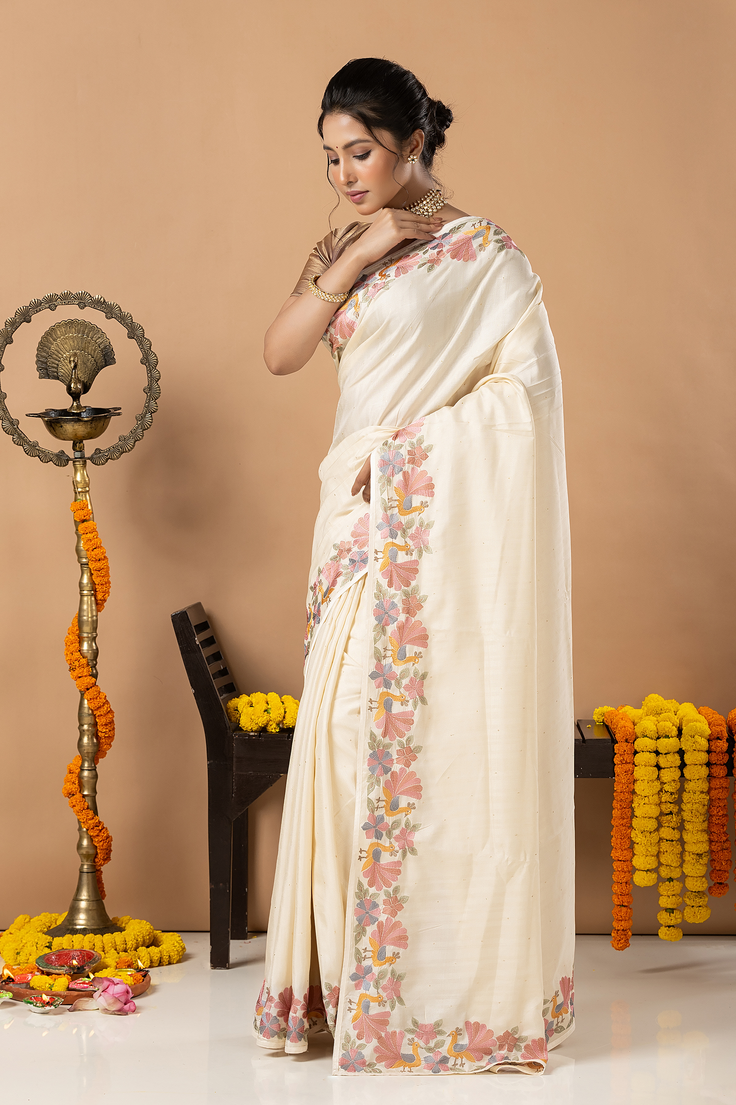 Fancy Semi Silk Saree | White | Plain Body with Floral border