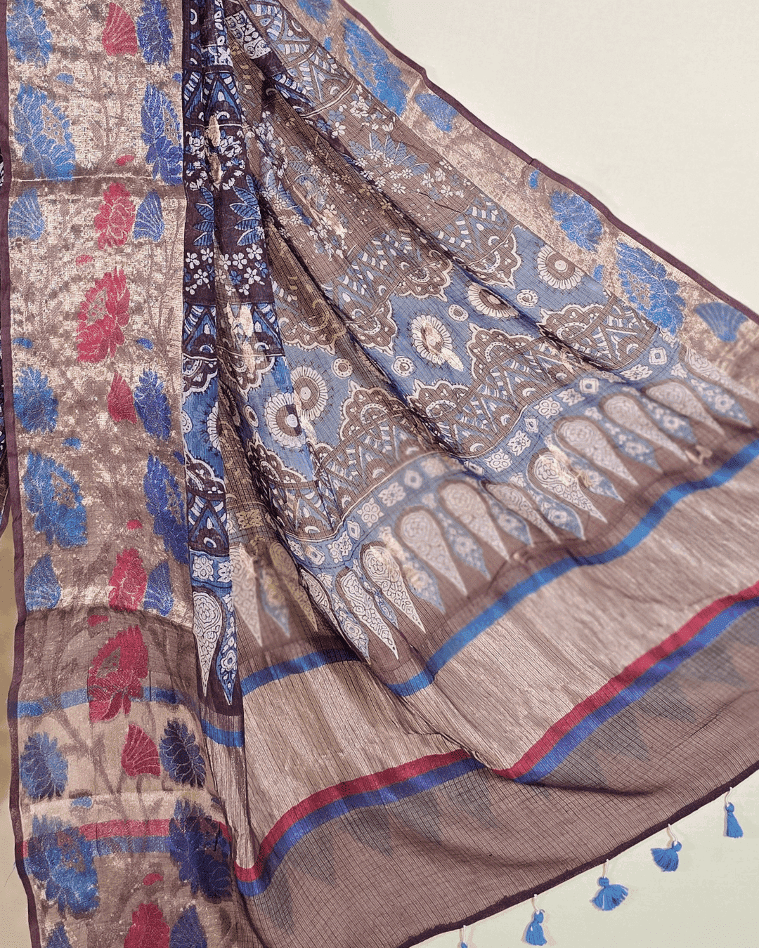 Ajrakh Exclusive designer Chanderi Saree with Floral Zari border - 029 - indeloom
