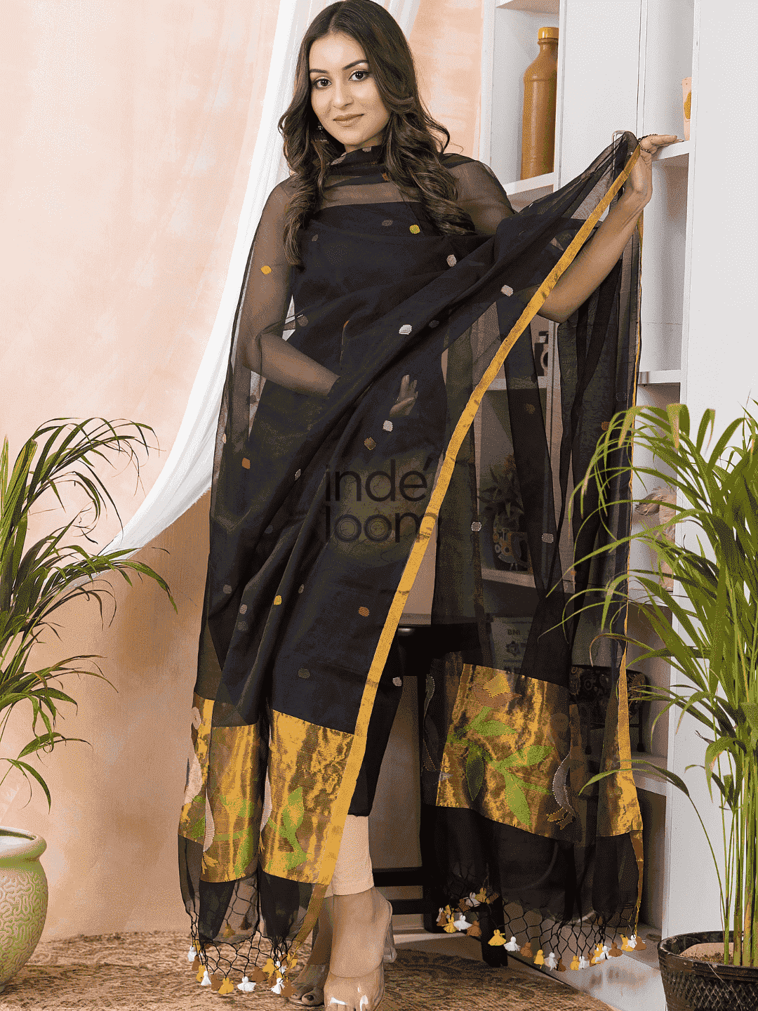Coal Black Paithani Muslin Jamdani 2-Piece Set Kurti & Dupatta (UNSTITCHED) -423 - indeloom