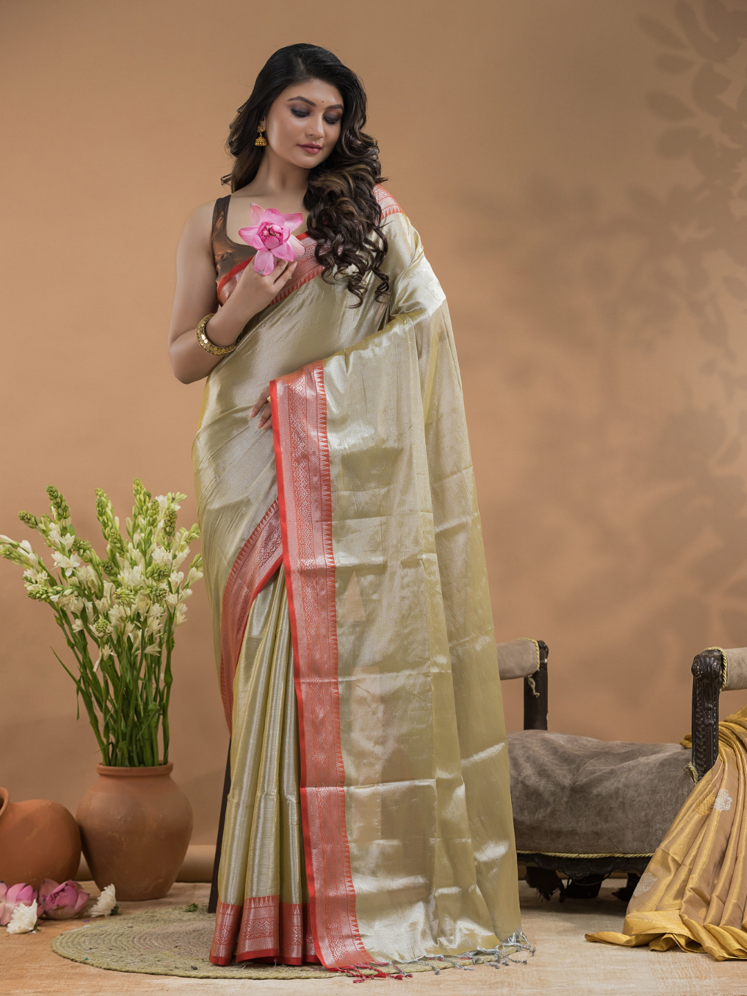 Tissue Silk Saree In Bone White and Red Border  - 023