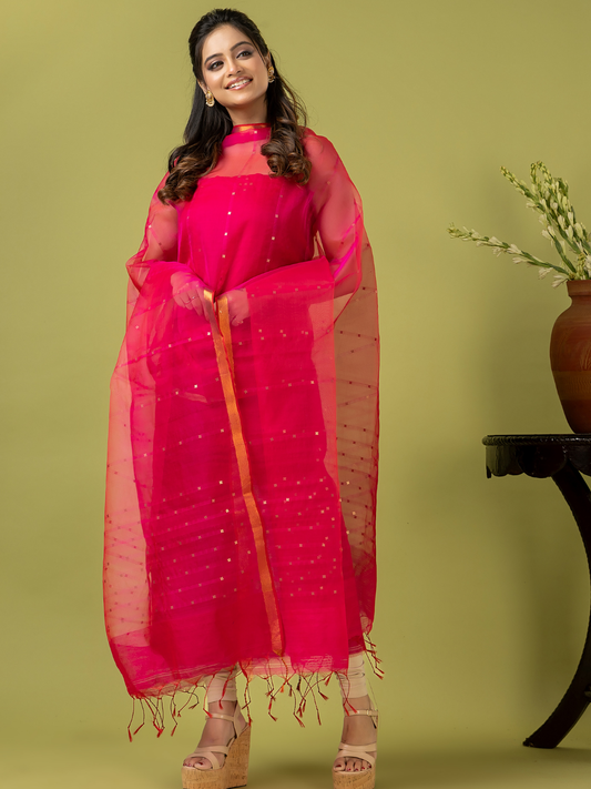 Handwoven Jamdani Muslin Unstitched 2-piece Kurti | Hot Pink