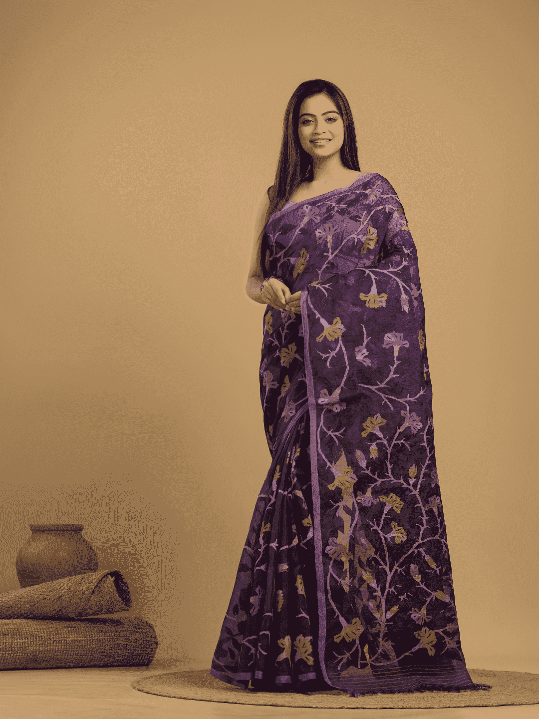 Hand Made Jamdani Saree With  Royal Purple - 036