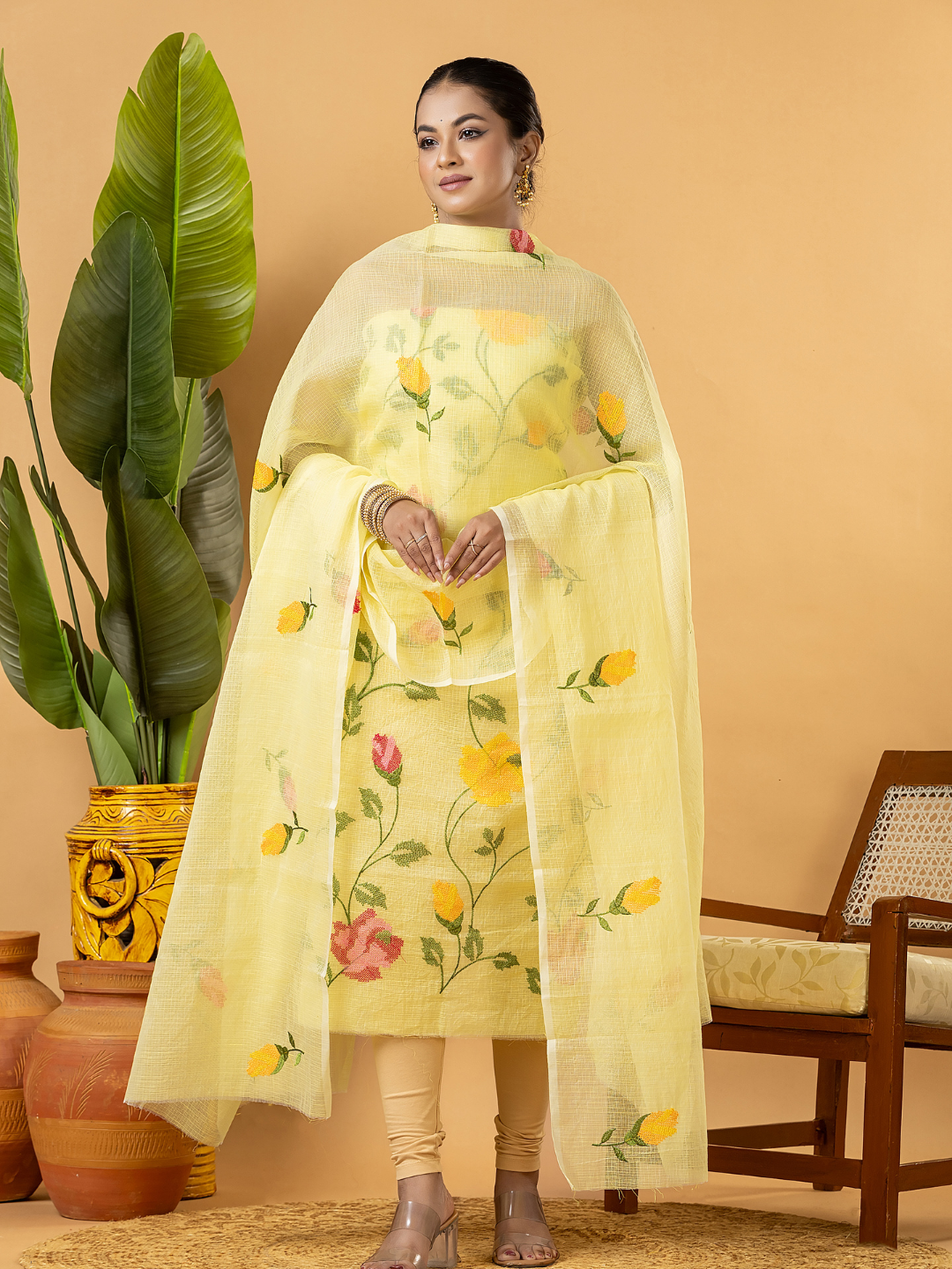 Classic Kota Doria Cotton Unstitched 2-Piece Kurti | Lemon Yellow