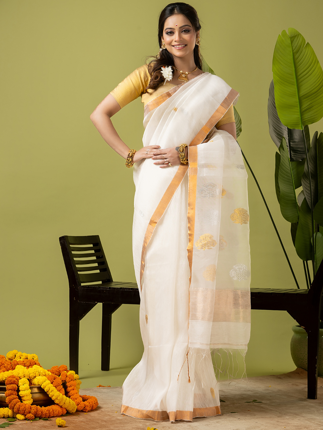 Pure Jamdani Linen Saree | Snow White  and White  | Half and Half style with Contrast Border