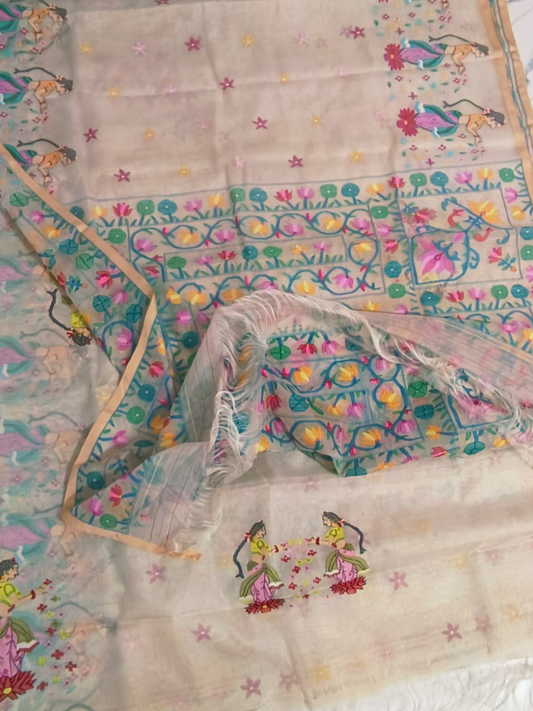 Handwoven Pure Handwoven Pure Muslin Saree  |  Cream Beige