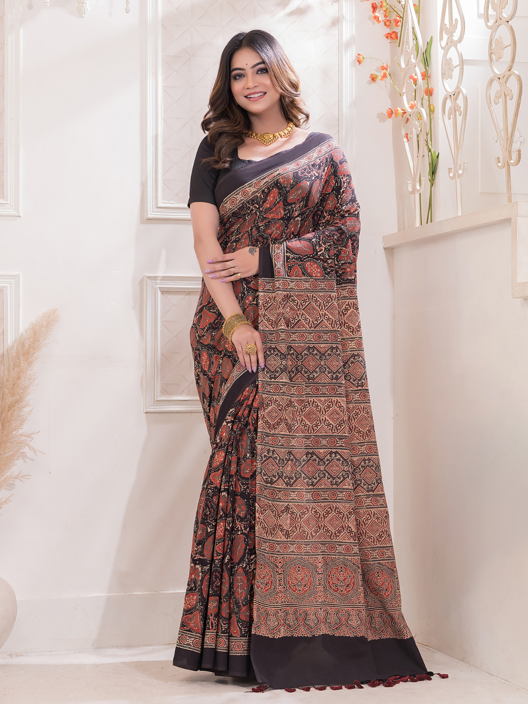 Ajrakh Exclusive Designer Modal Silk in Wine Red -052