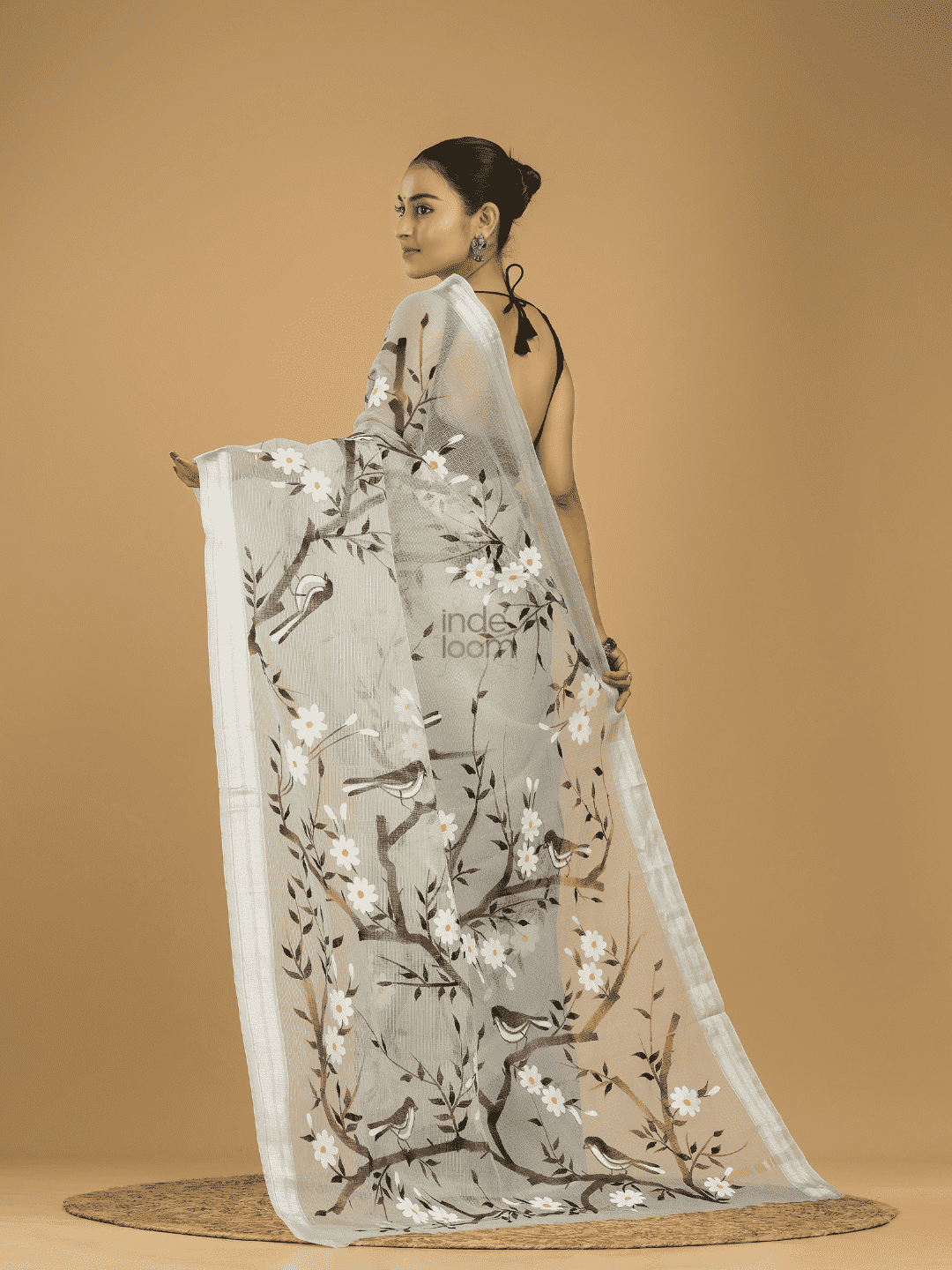 Kota Doria Handpainted Saree With Space Black - 002 - indeloom