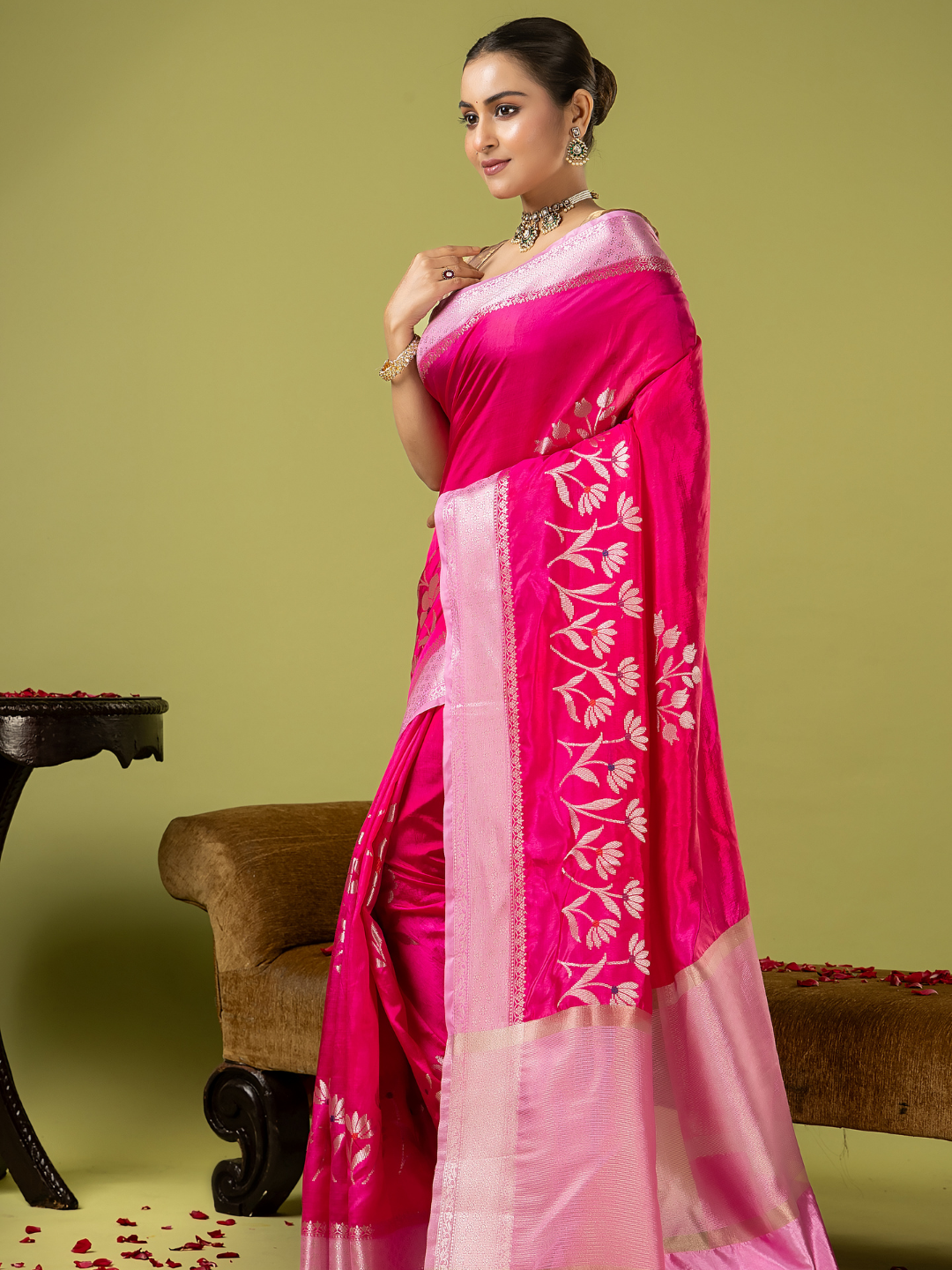 Classic Benarasi Semi Silk Saree | Fuchsia Pink