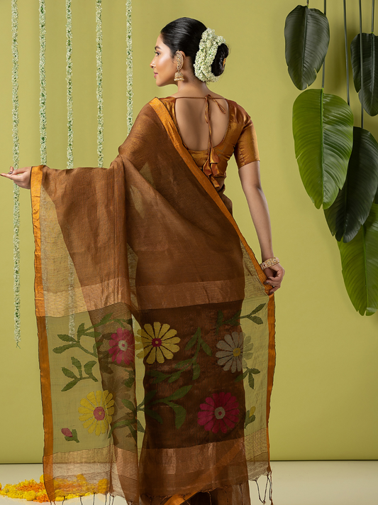 Handwoven Jamdani Linen Saree | Coffee Brown