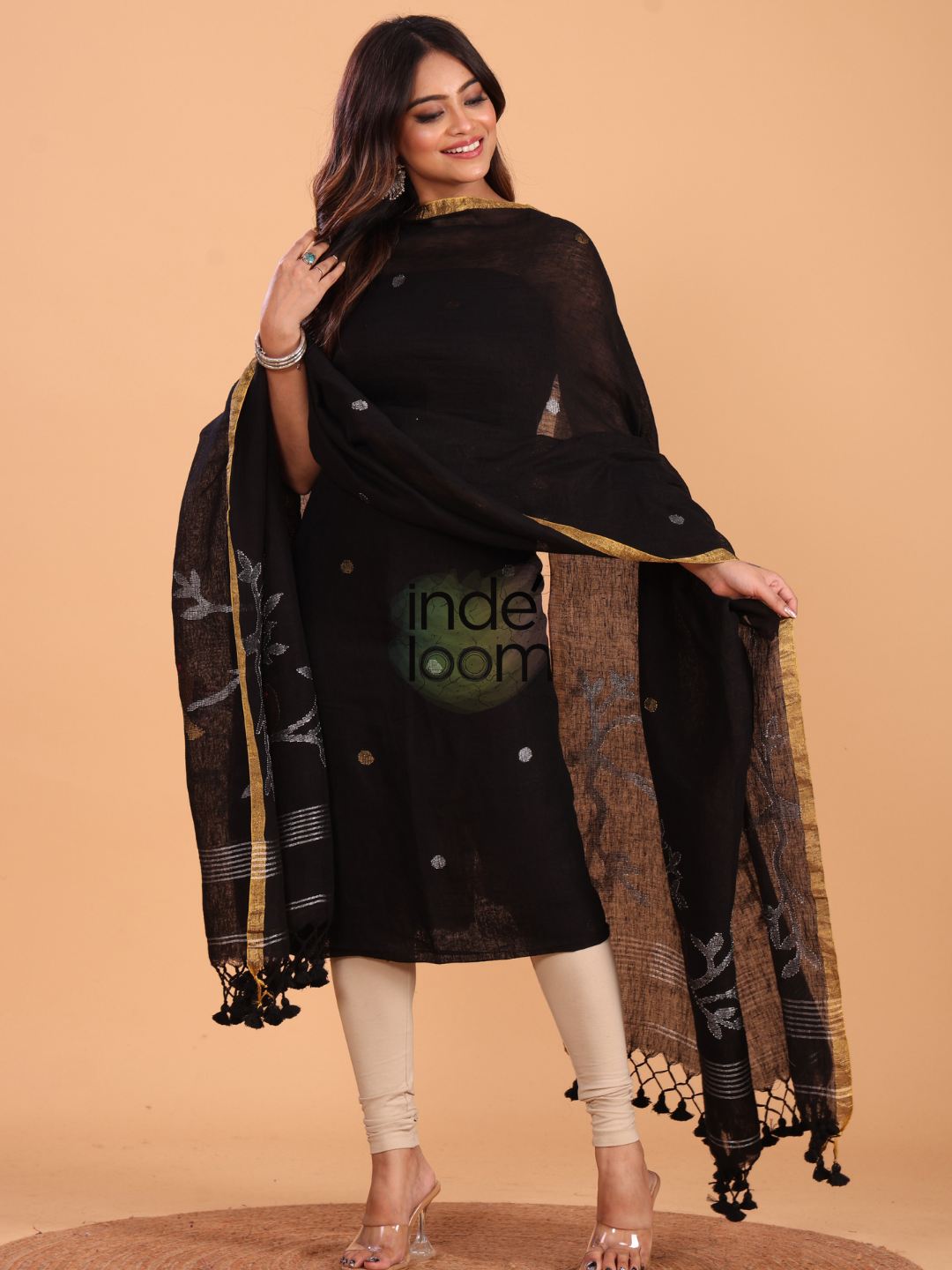 Super Black Linen Jamdani 2-Piece Set Kurti & Dupatta (UNSTITCHED) - 062