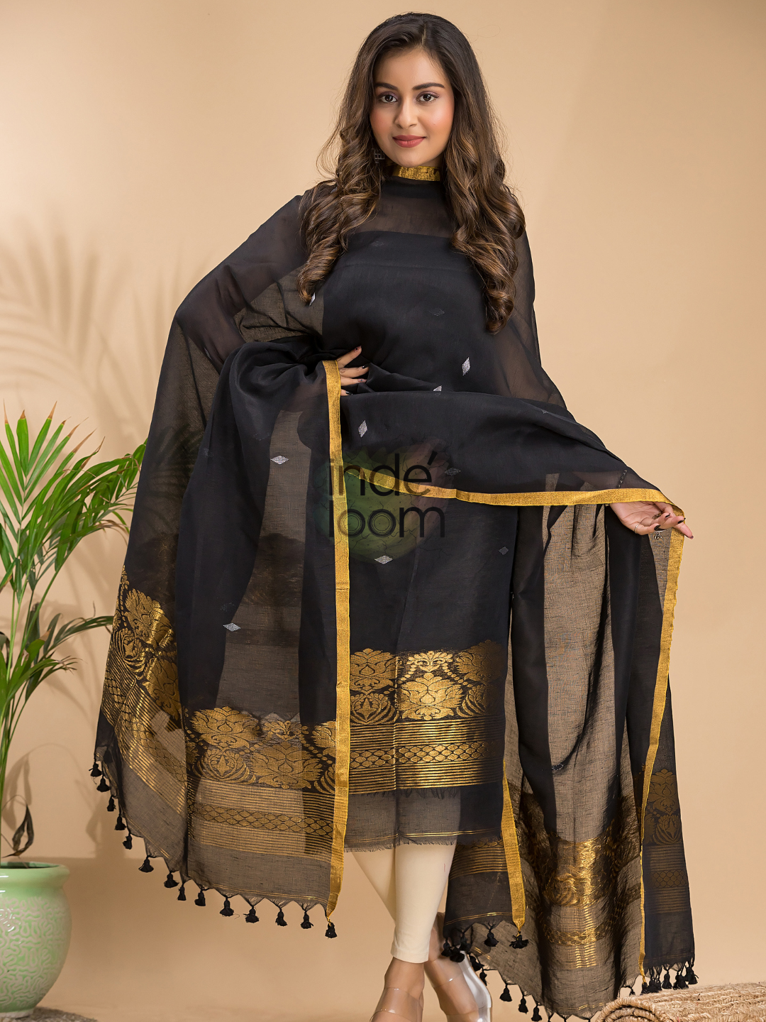 Rich Black Cotton Linen 2-Piece Set Kurti & Dupatta (UNSTITCHED) - 021
