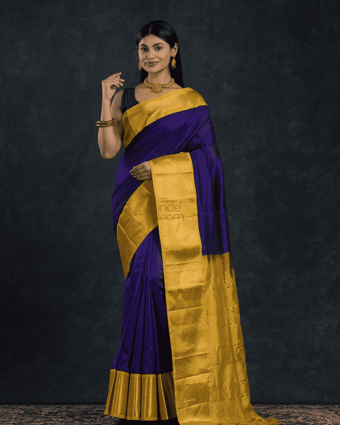 Pure Handloom Korvai Saree | Navy Blue and Golden Yellow