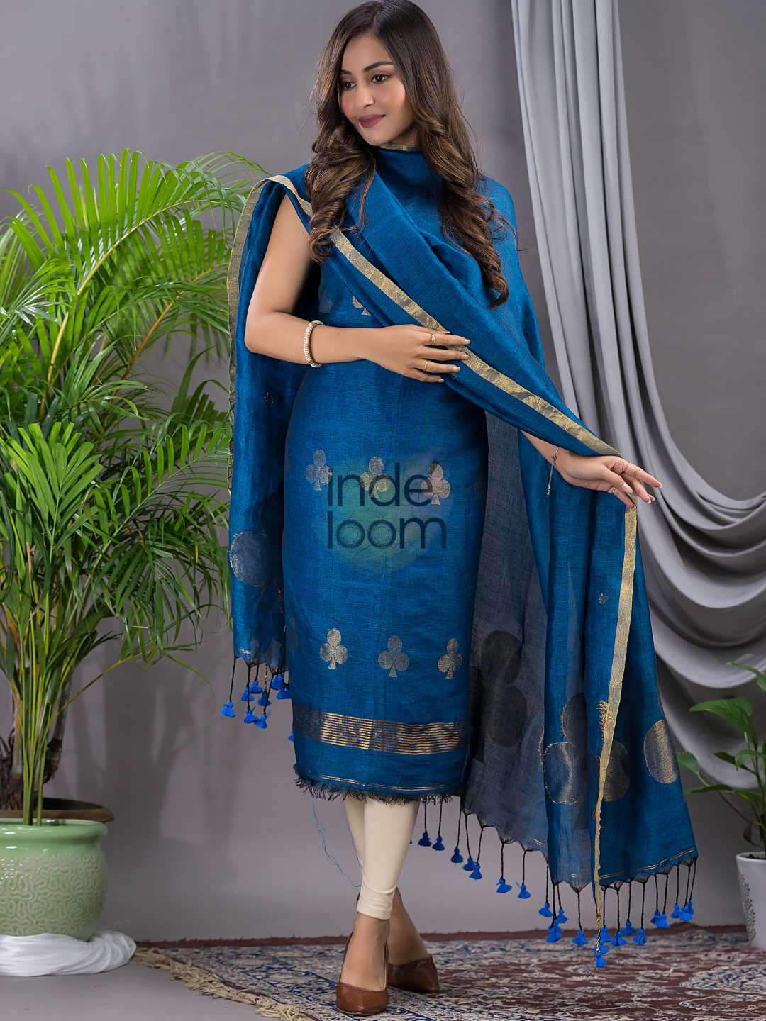 Classic Blue Cotton Linen  2-Piece Set Kurti & Dupatta (UNSTITCHED) - 120