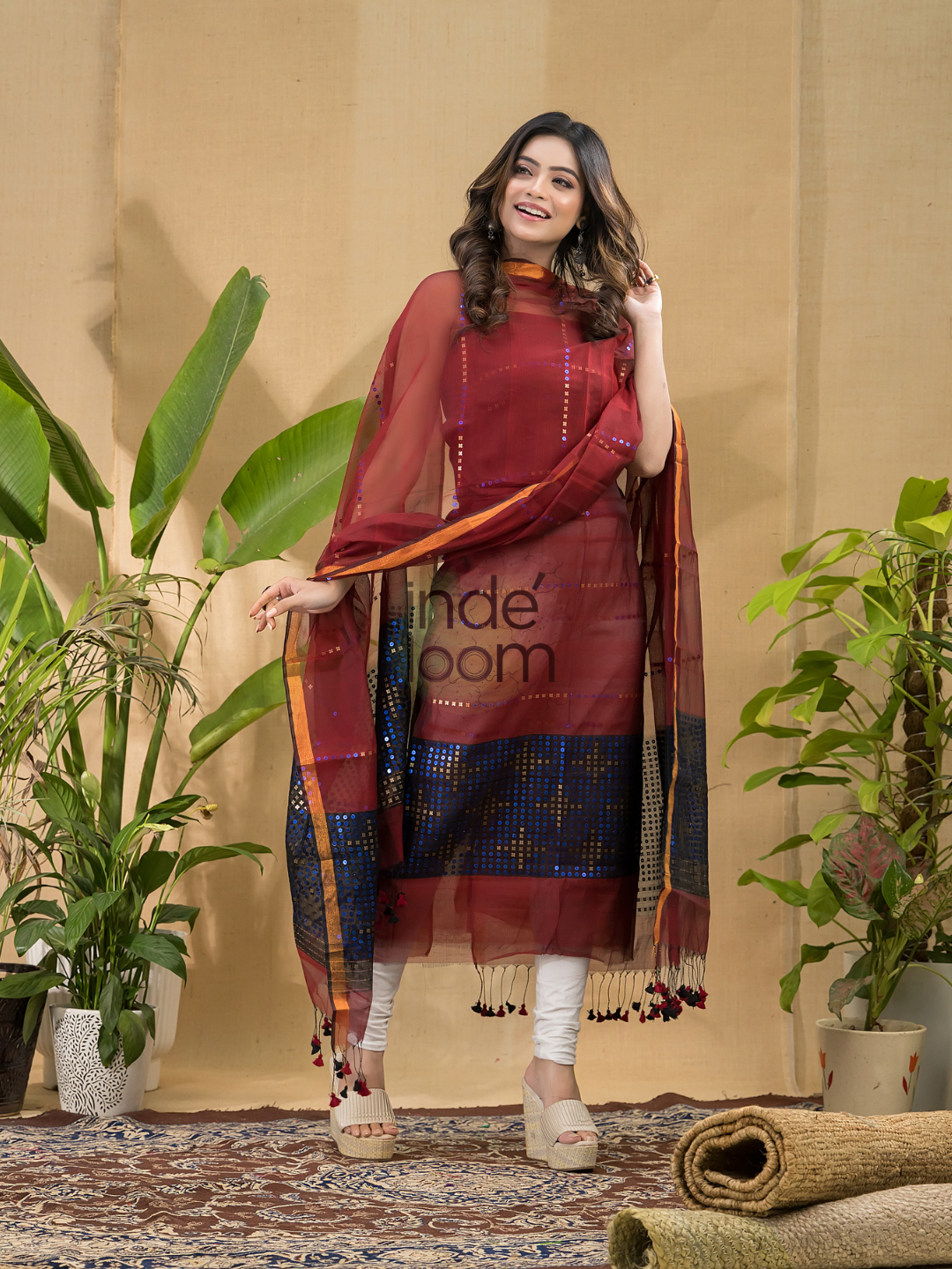 Wine Red Sequin Jamdani 2-Piece Set Kurti & Dupatta (UNSTITCHED) -722