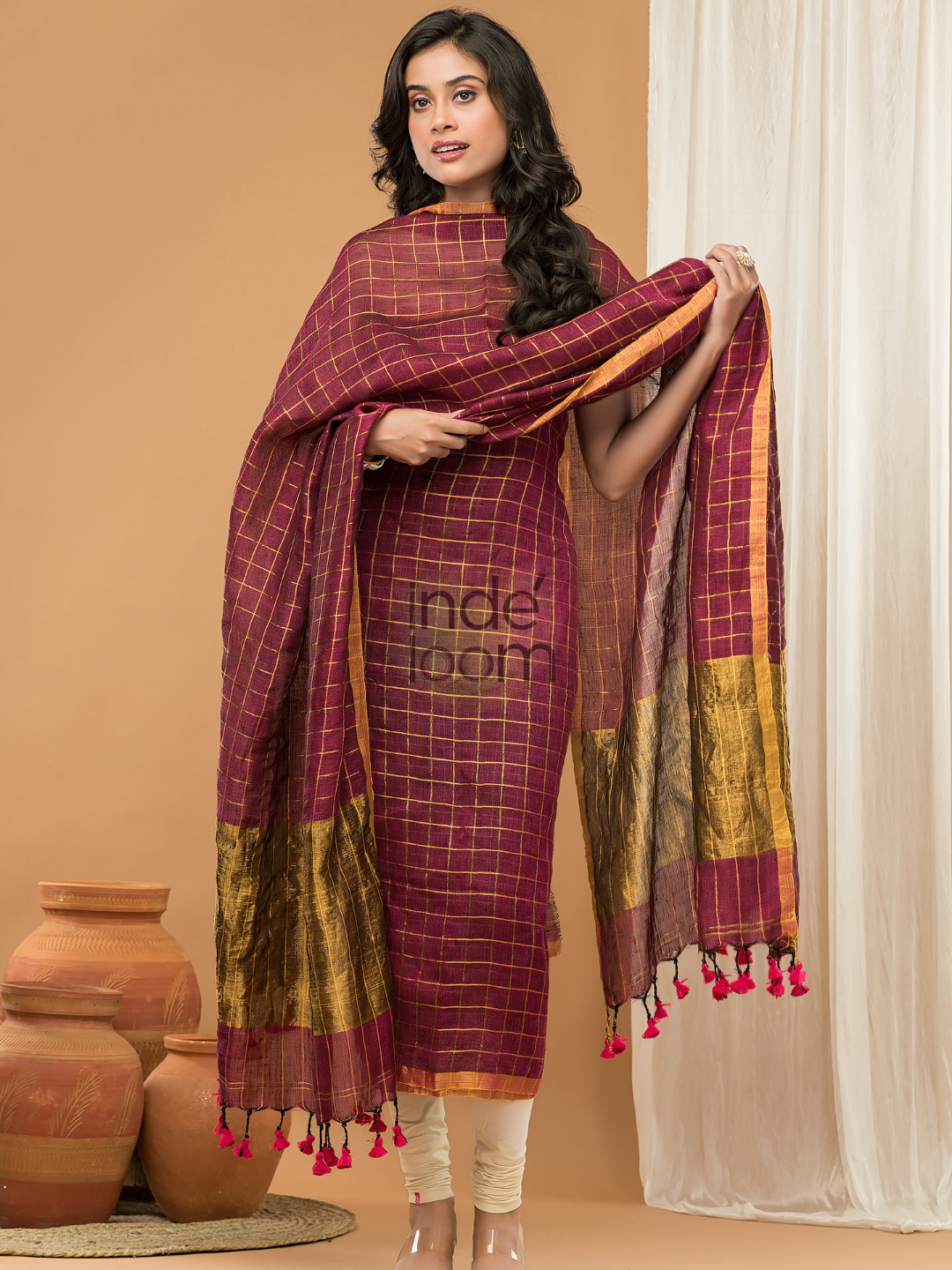 Maroon with Golden color Jamdani 2-Piece Set Kurti & Dupatta (UNSTITCHED) - 157
