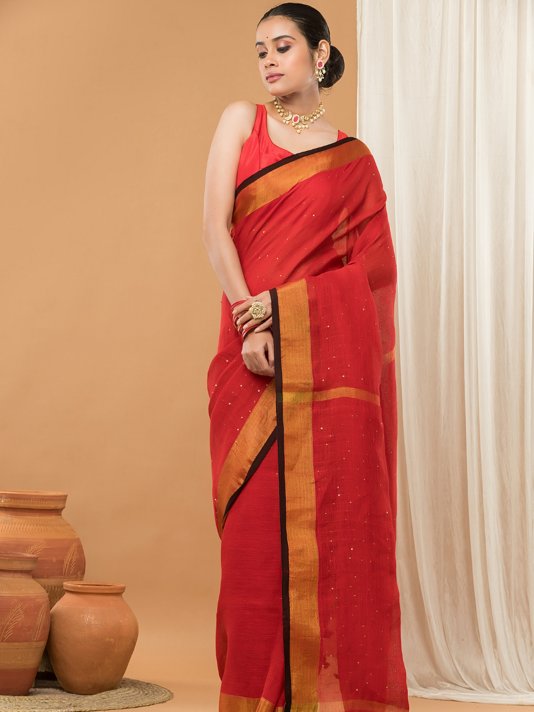 Linen Sequin Jamdani Saree With Apple Red-003