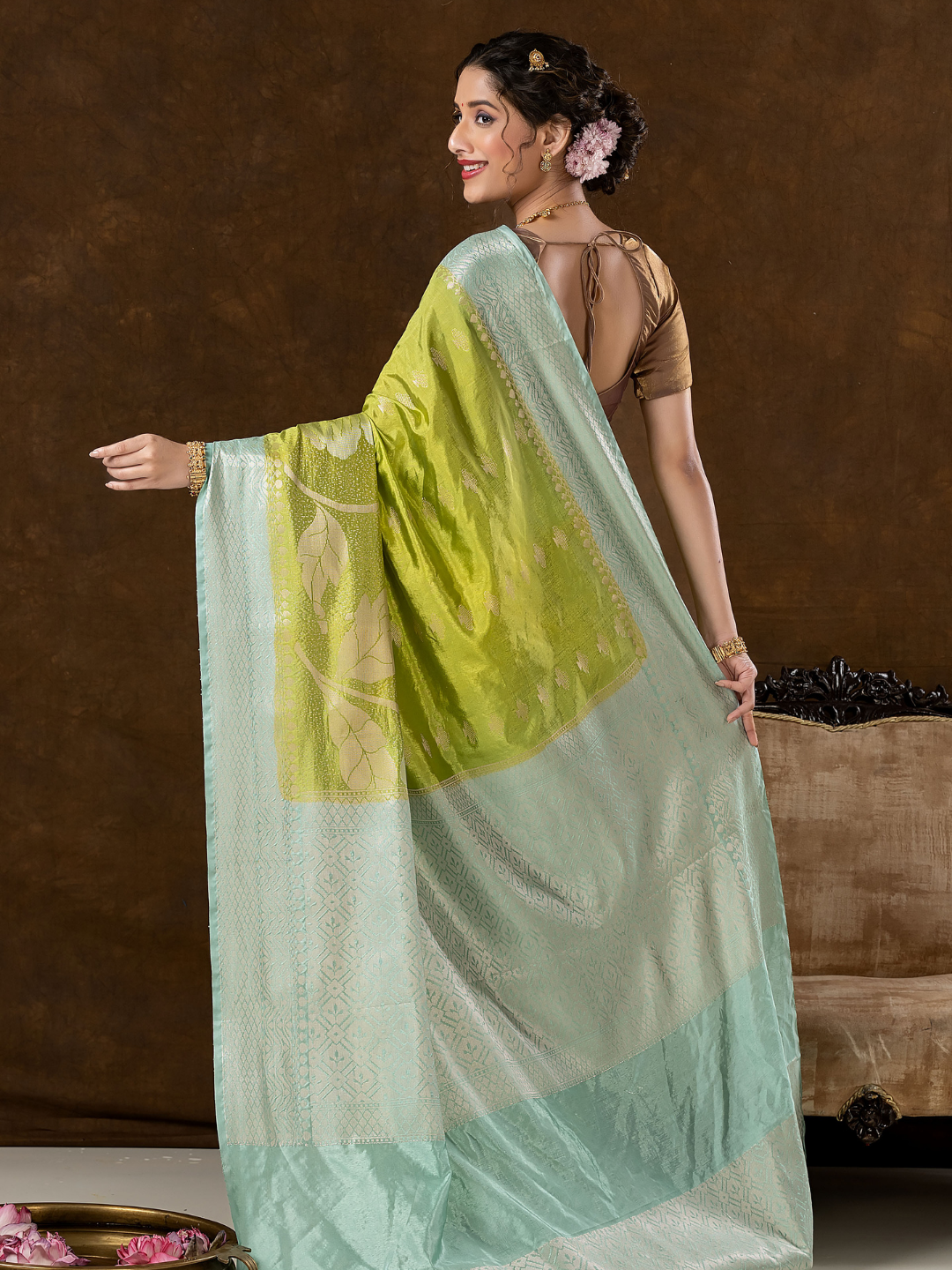 Classic Benarasi Semi Silk Saree | Lime Green