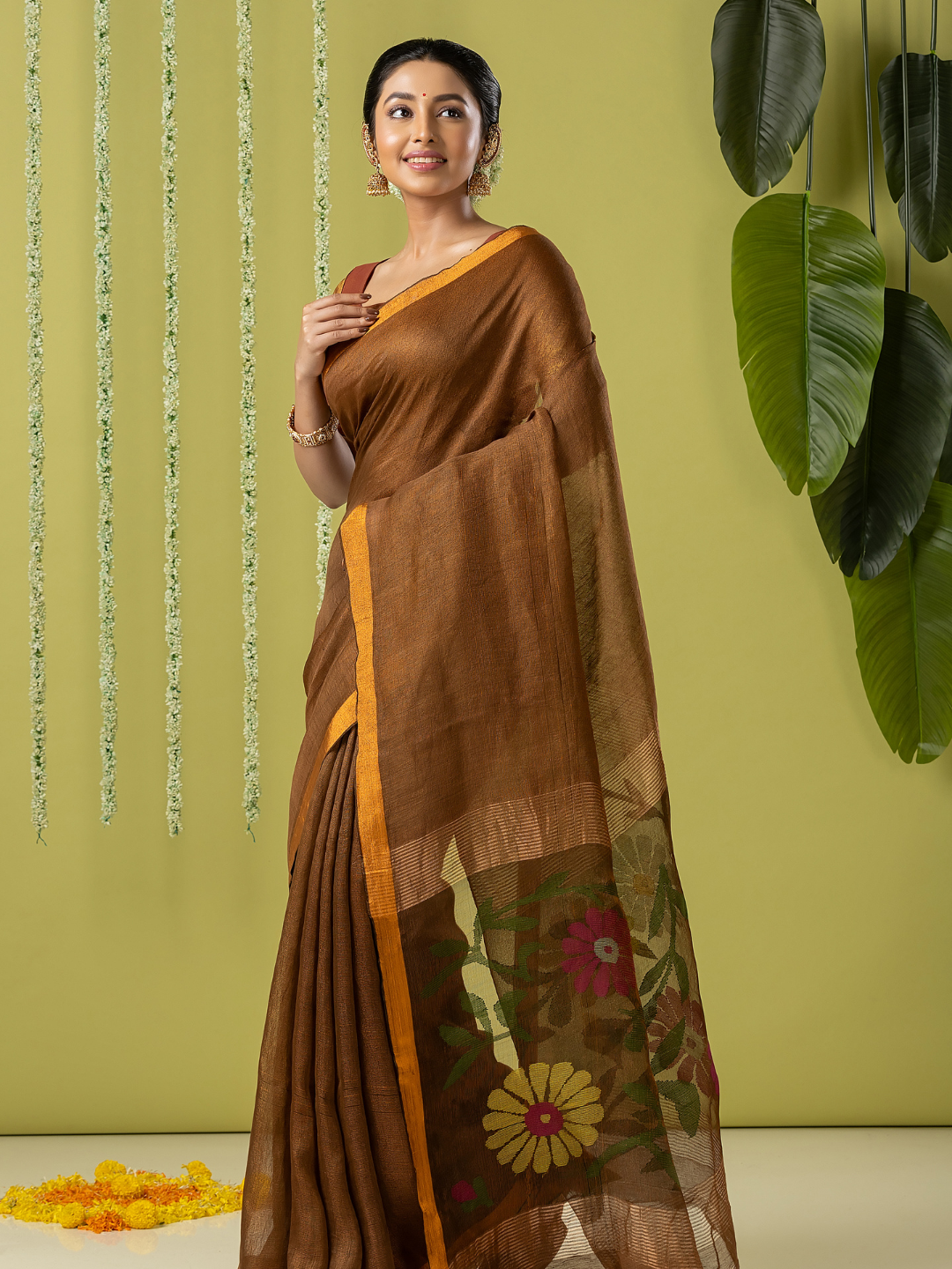 Handwoven Jamdani Linen Saree | Coffee Brown