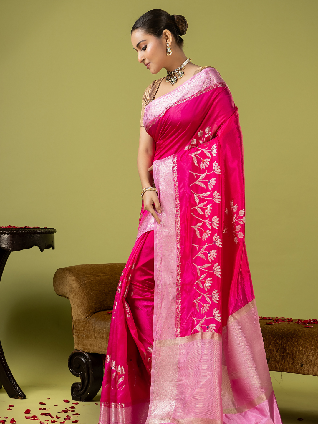 Classic Benarasi Semi Silk Saree | Fuchsia Pink