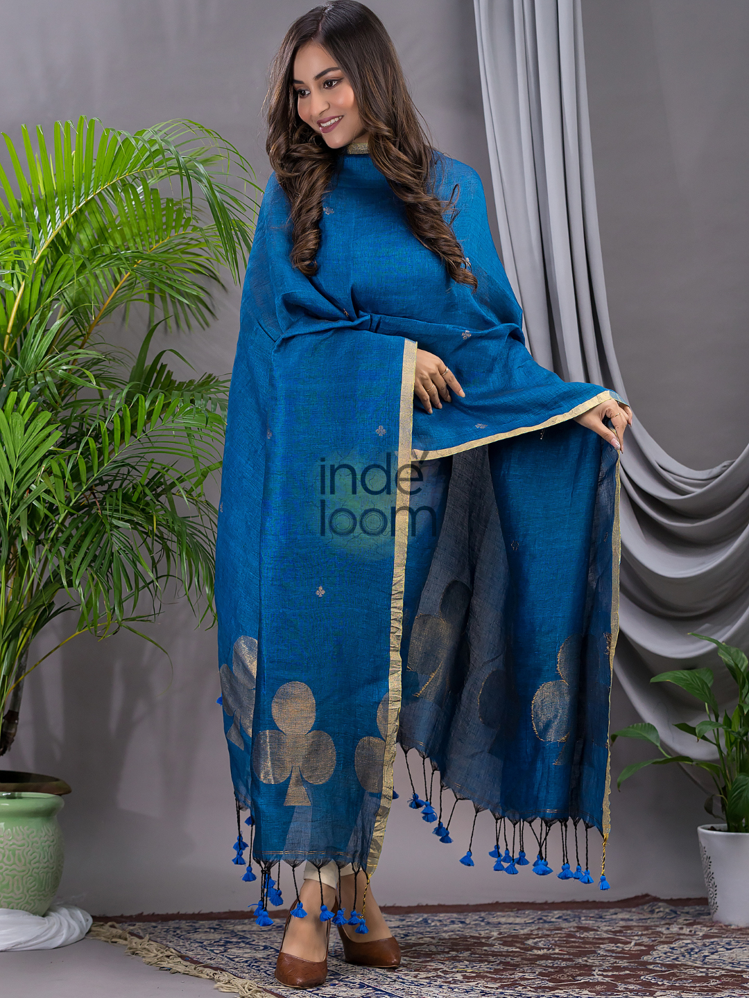 Classic Blue Cotton Linen  2-Piece Set Kurti & Dupatta (UNSTITCHED) - 120