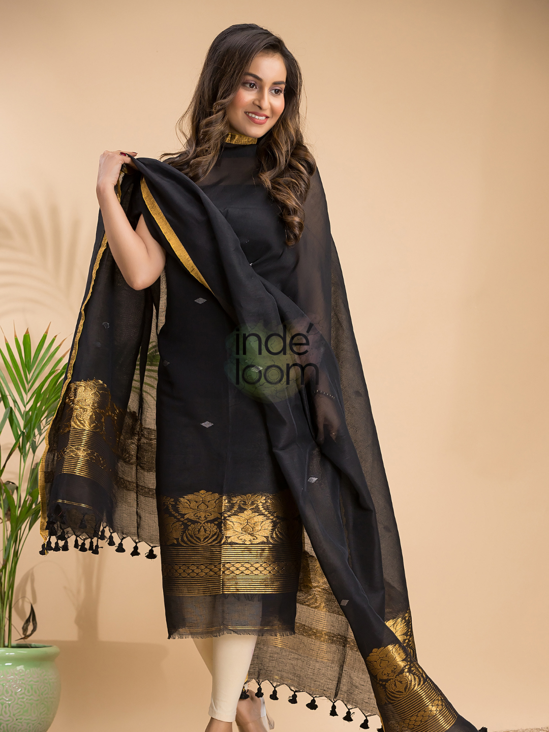 Rich Black Cotton Linen 2-Piece Set Kurti & Dupatta (UNSTITCHED) - 021