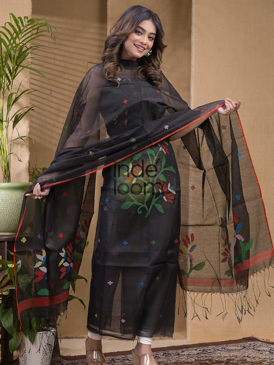 Dark Black Jamdani 2-Piece Set Kurti & Dupatta (UNSTITCHED) -683