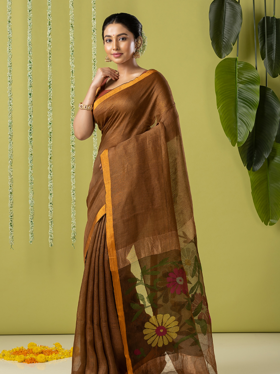 Handwoven Jamdani Linen Saree | Coffee Brown